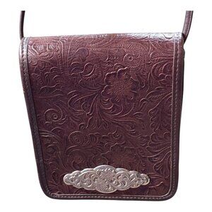Western Style Tooled Leather Crossbody Bag With Silver Accents Purse Pocketbook